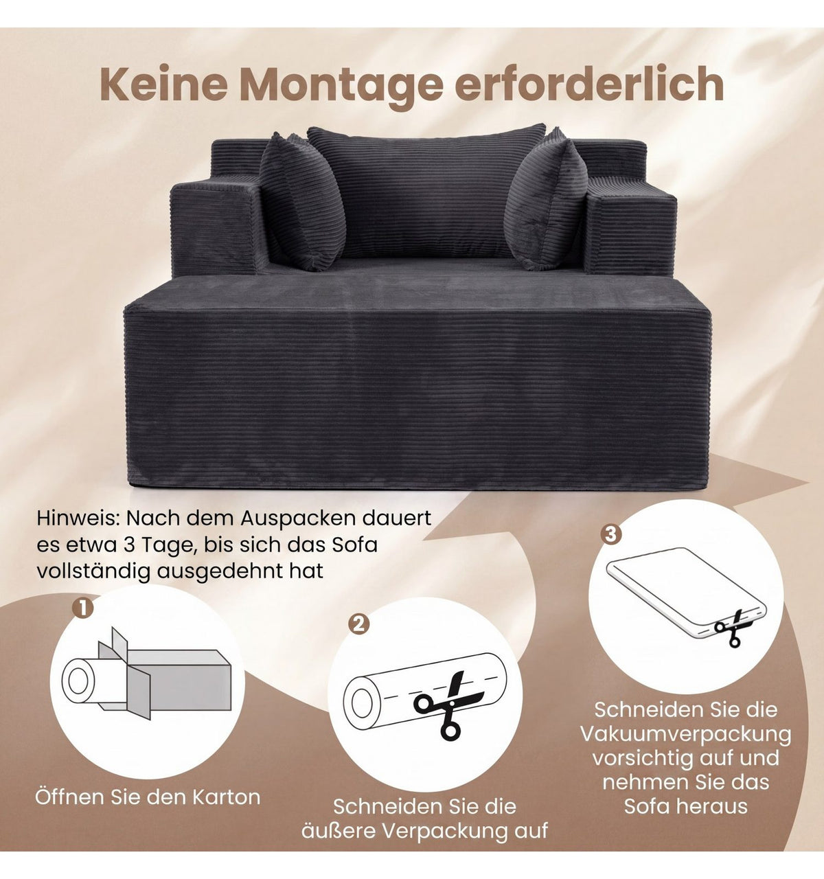 Cord Bodensofa als Liegefläche ausgelegt