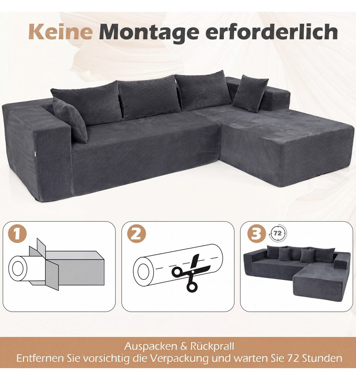 Chaiselongue des modularen Cord Ecksofas in Grau
