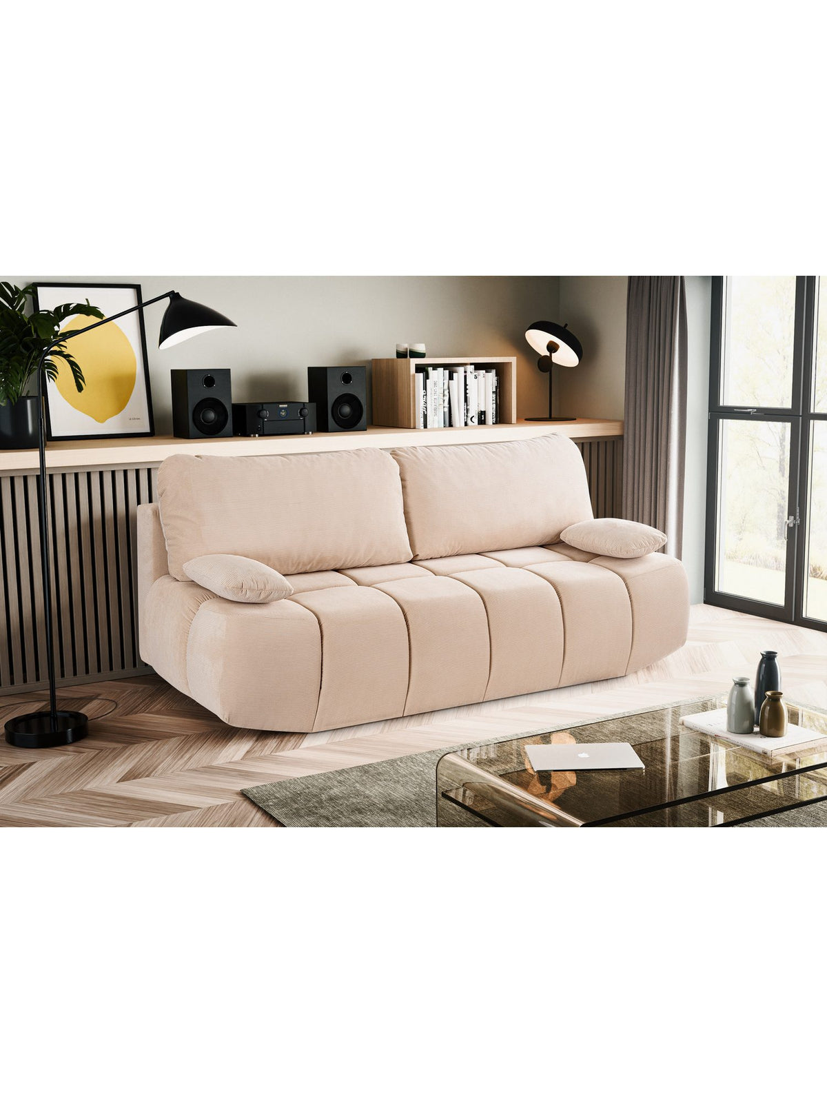 Cord Schlafsofa LAUNO in Beige von vorne