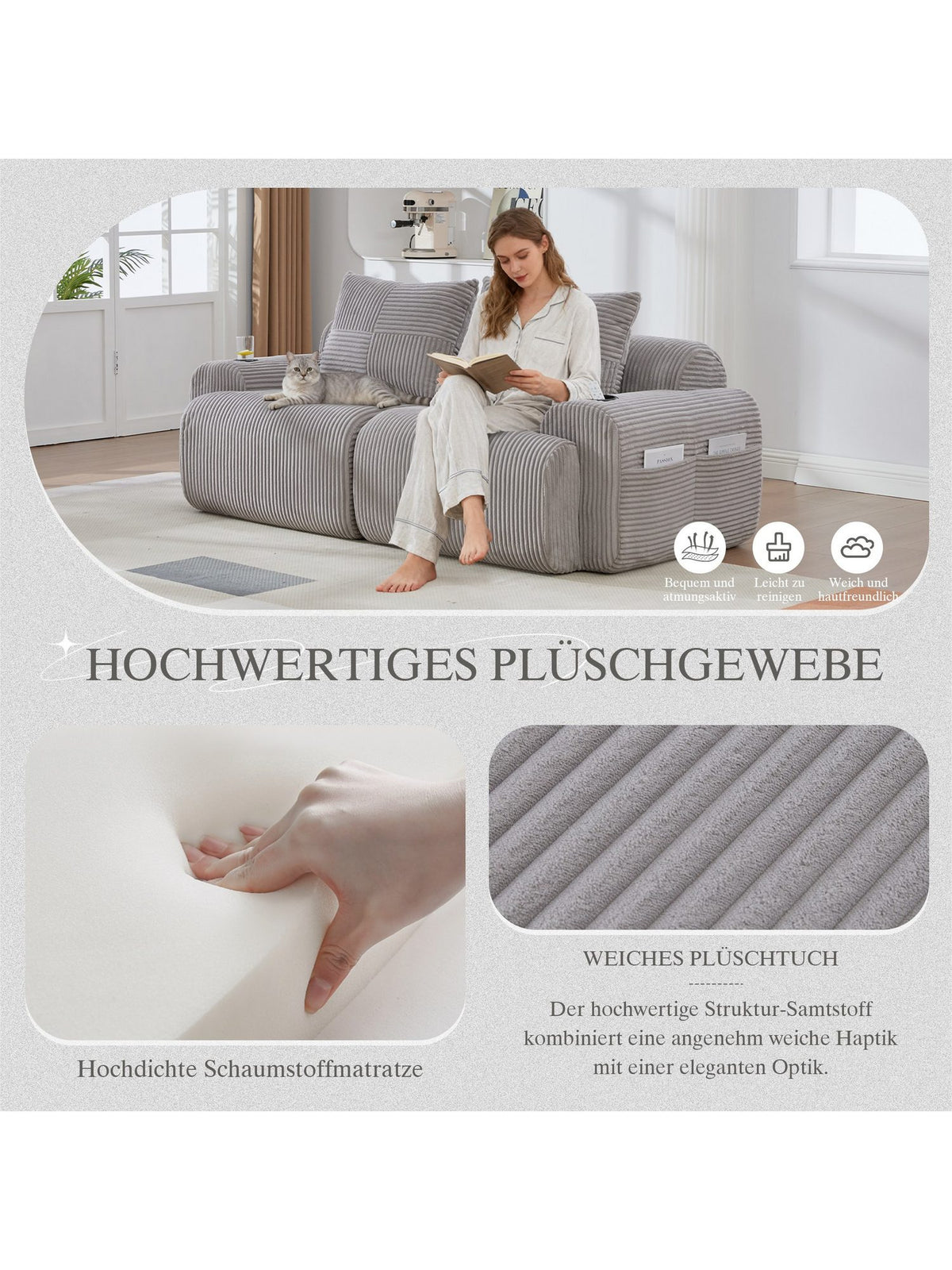 Seitentasche des Cord Sofas in Hellgrau