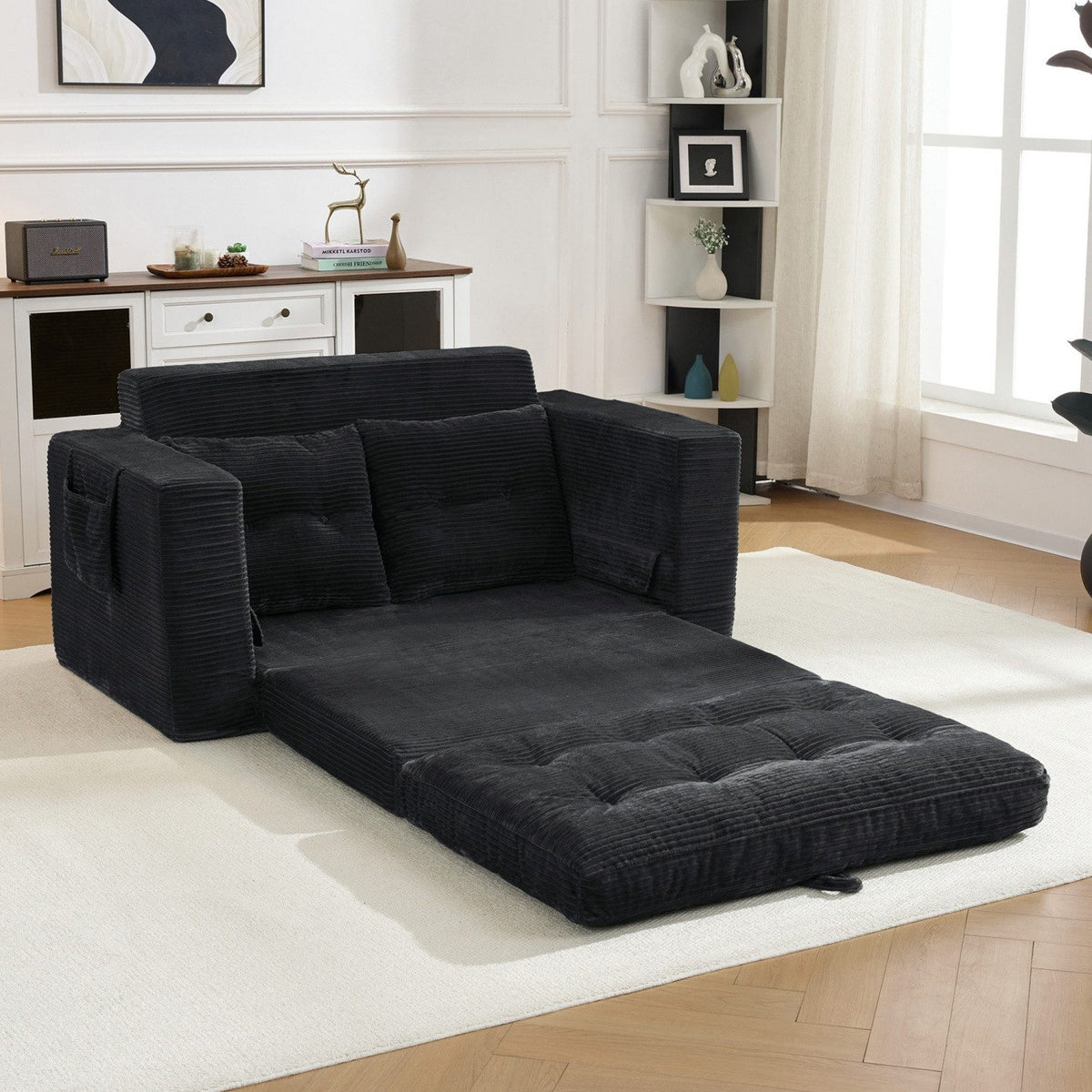 Detailaufnahme der Cordstruktur des schwarzen Schlafsofas