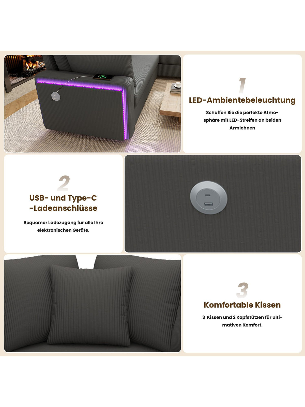 Graues Cord Ecksofa mit Zierkissen