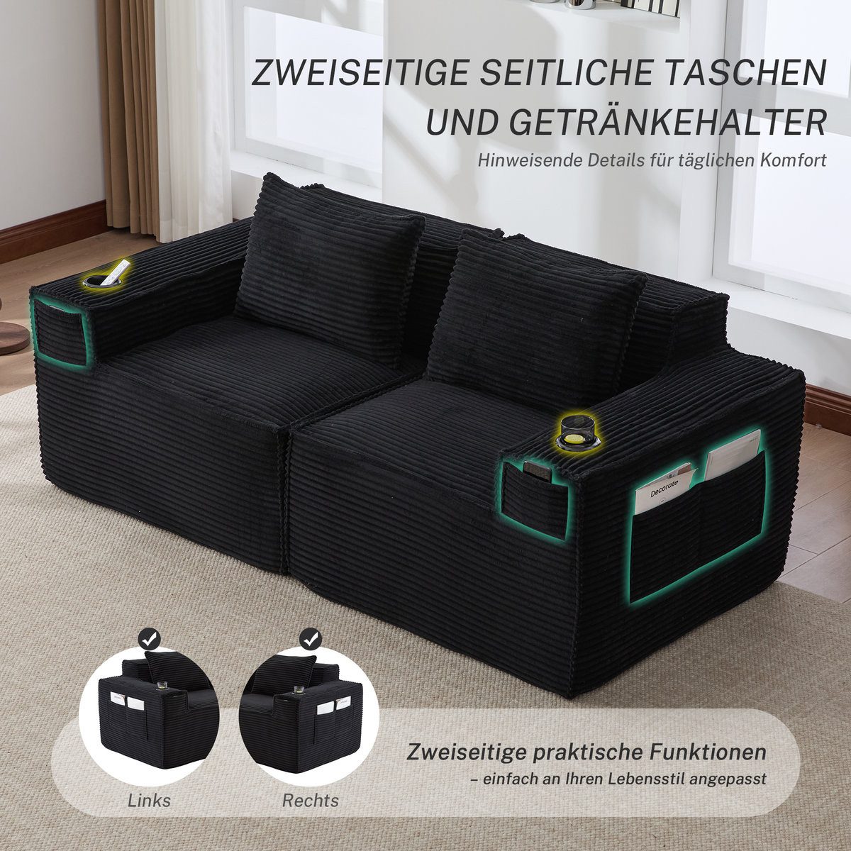 Seitentasche fuer Magazine am schwarzen Cord Sofa