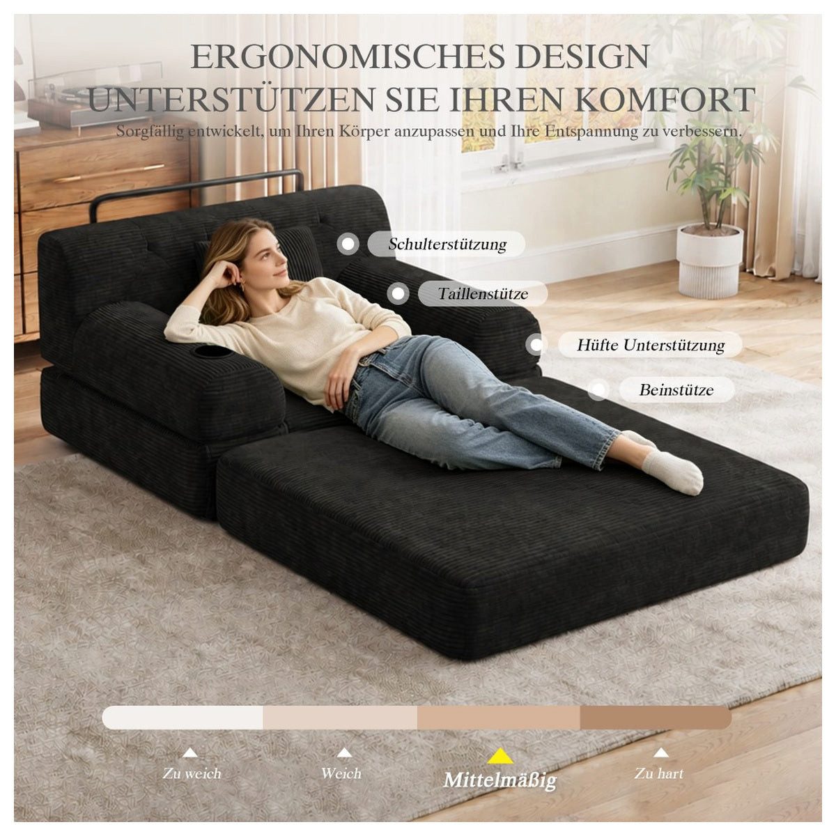 Cord Schlafsofa in Schwarz mit ausgeklappter Liegefläche