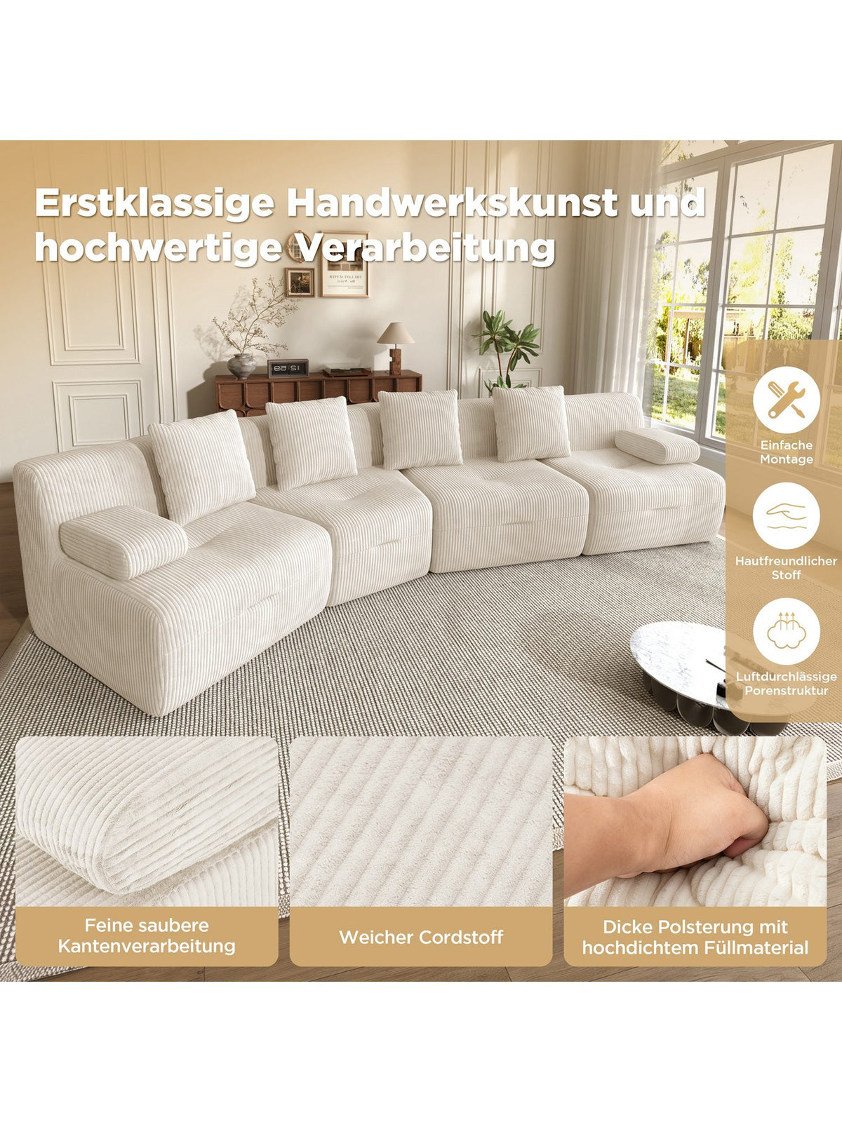 Modulares Cord Sofa in Beige Detail der Cordstruktur