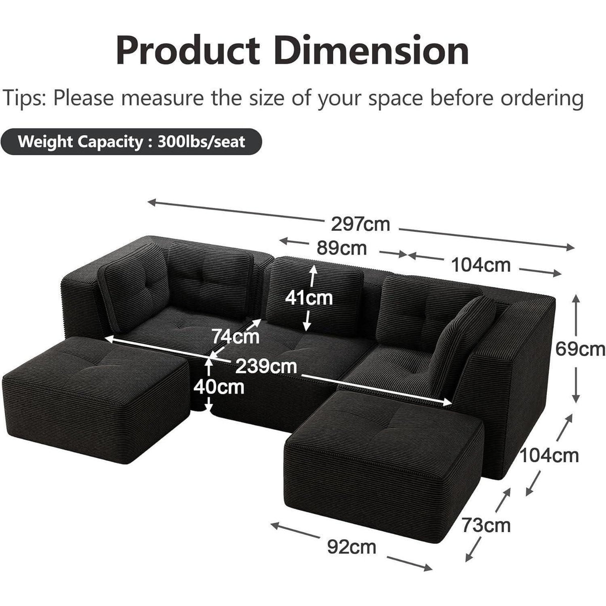 Schwarzes Cord Ecksofa 2C1S+2O im Wohnzimmer