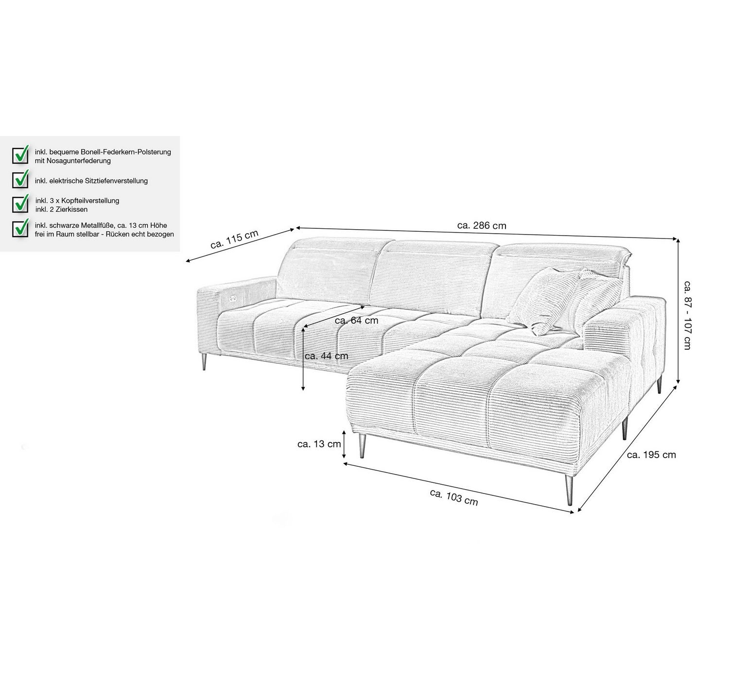 Detail der Kopfteilverstellung am Cord Ecksofa