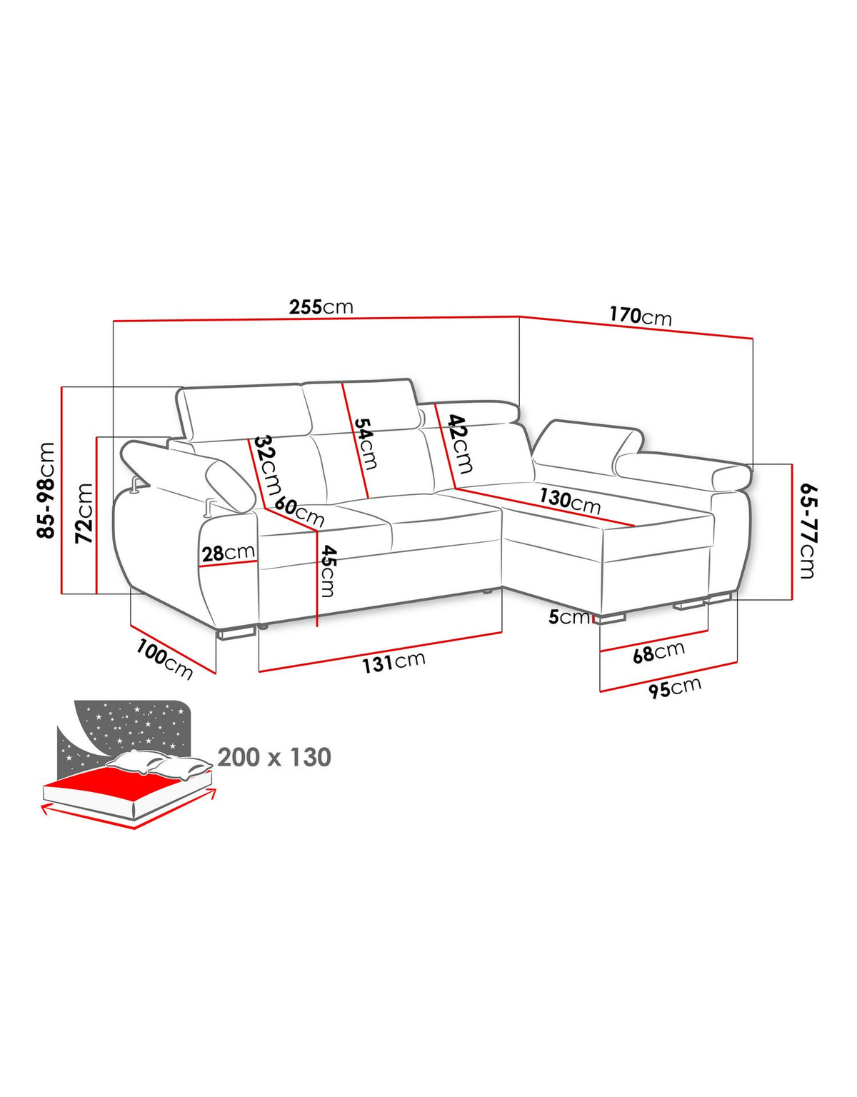 Ausgezogene Schlaffläche des Cord Ecksofas Boston Mini