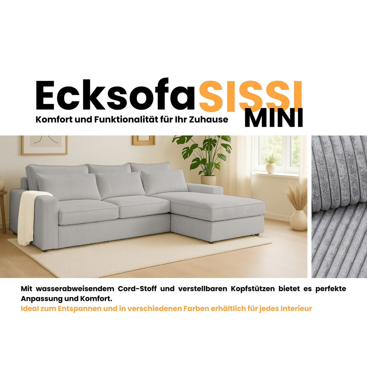 Ecksofa SISSI MINI mit sechs Kissen bestückt