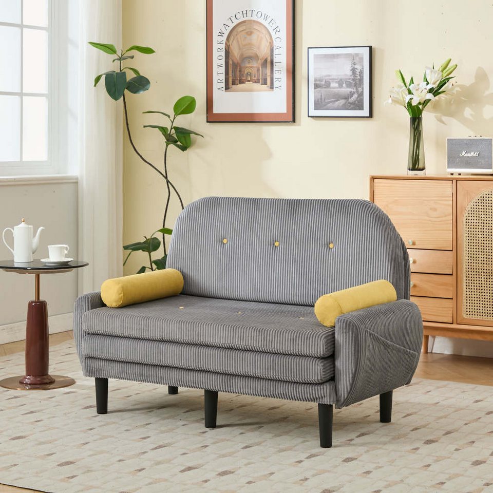 Cord Schlafsofa 2-Sitzer in Grau mit verstellbarer Rueckenlehne
