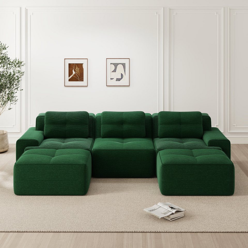 Modulare Cord Wohnlandschaft in Grün in U-Form mit Ottoman