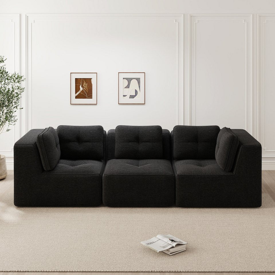 Modulare Cord Wohnlandschaft in Schwarz in U-Form mit Chaiselongue