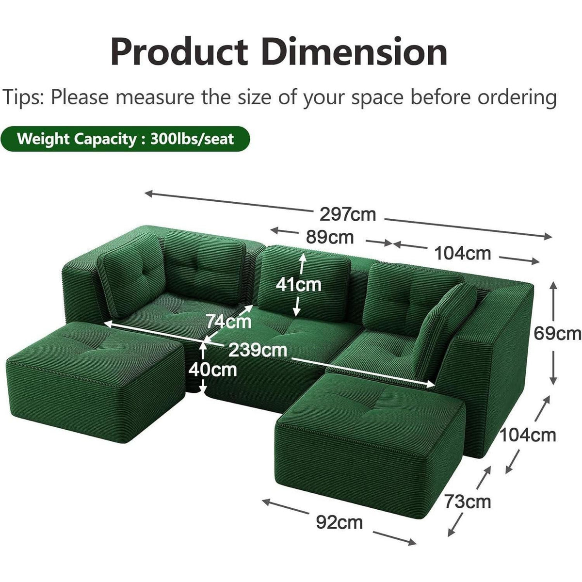 Grünes U-förmiges Cord Ecksofa im Wohnzimmer