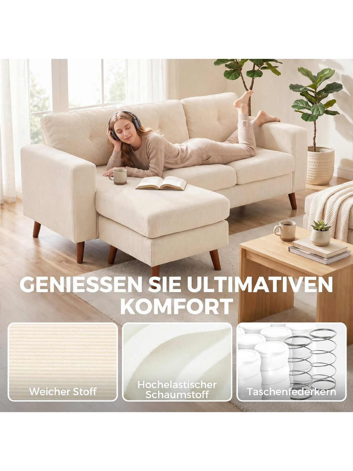 Nahaufnahme des cremeweißen Cord Bezugs
