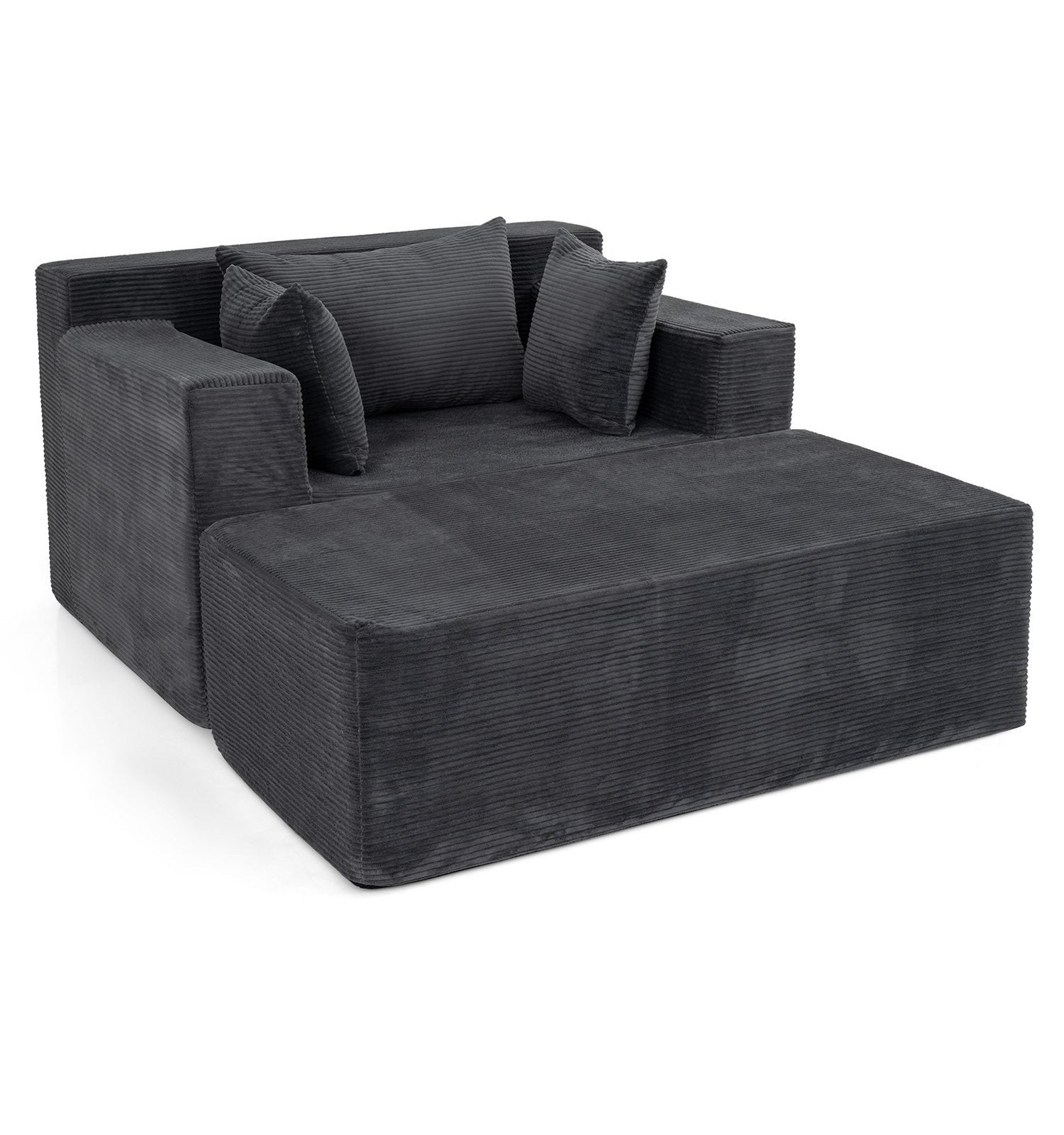 Graues Cord Bodensofa mit Fußhocker im Wohnzimmer