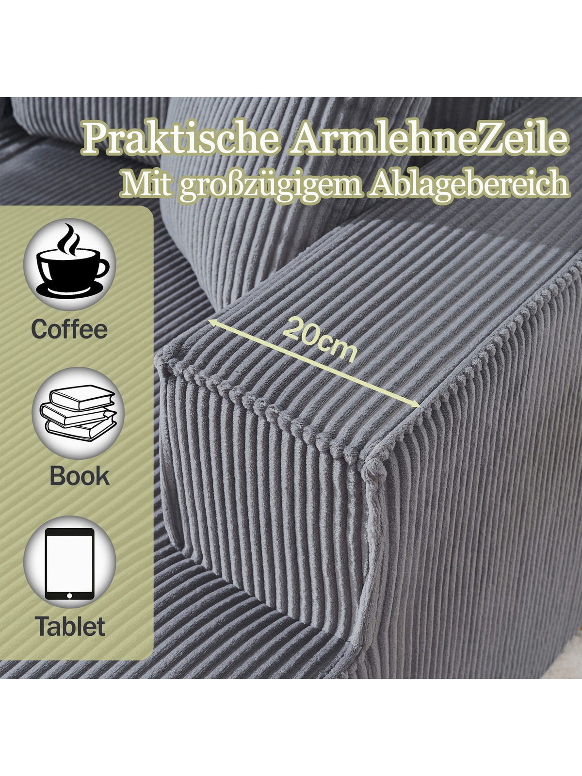 Cord Ecksofa in Grau im Wohnzimmer Ambiente