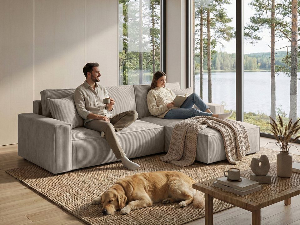 Cord Ecksofa PARYS in Beige mit Schlaffunktion