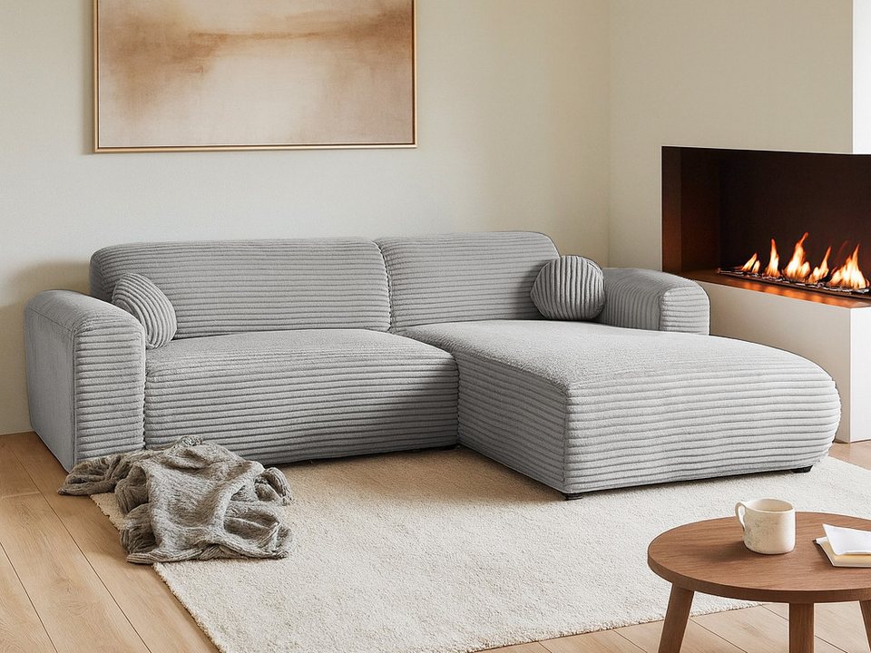 Cord Ecksofa PUERTO in Hellgrau mit Ottomane rechts
