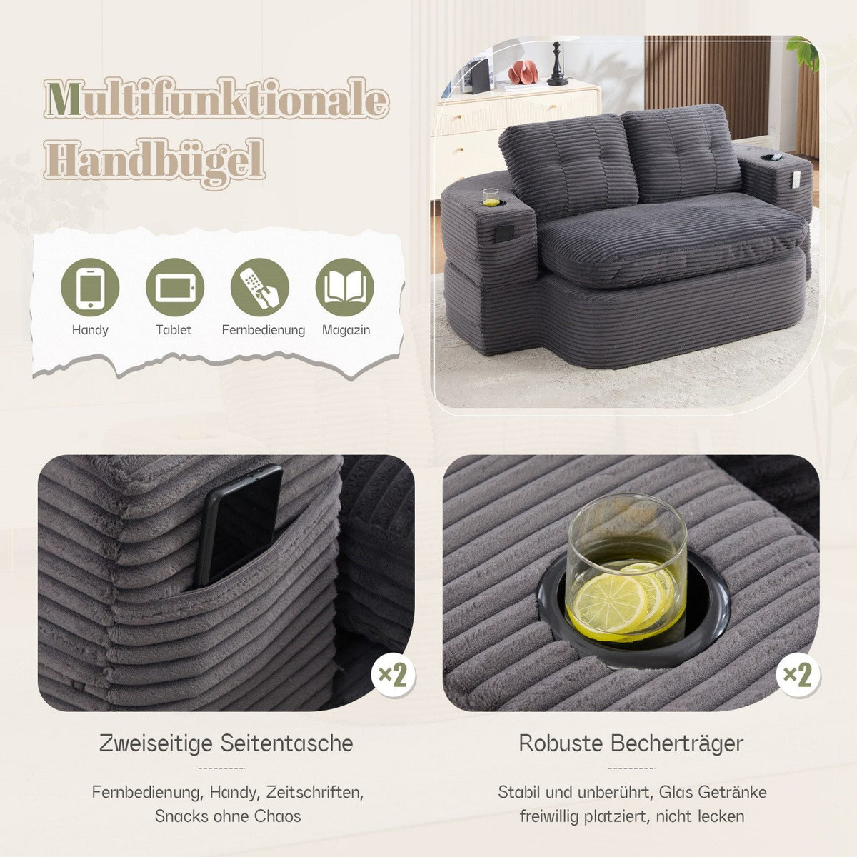 Integrierter Getränkehalter am Cord Schlafsofa