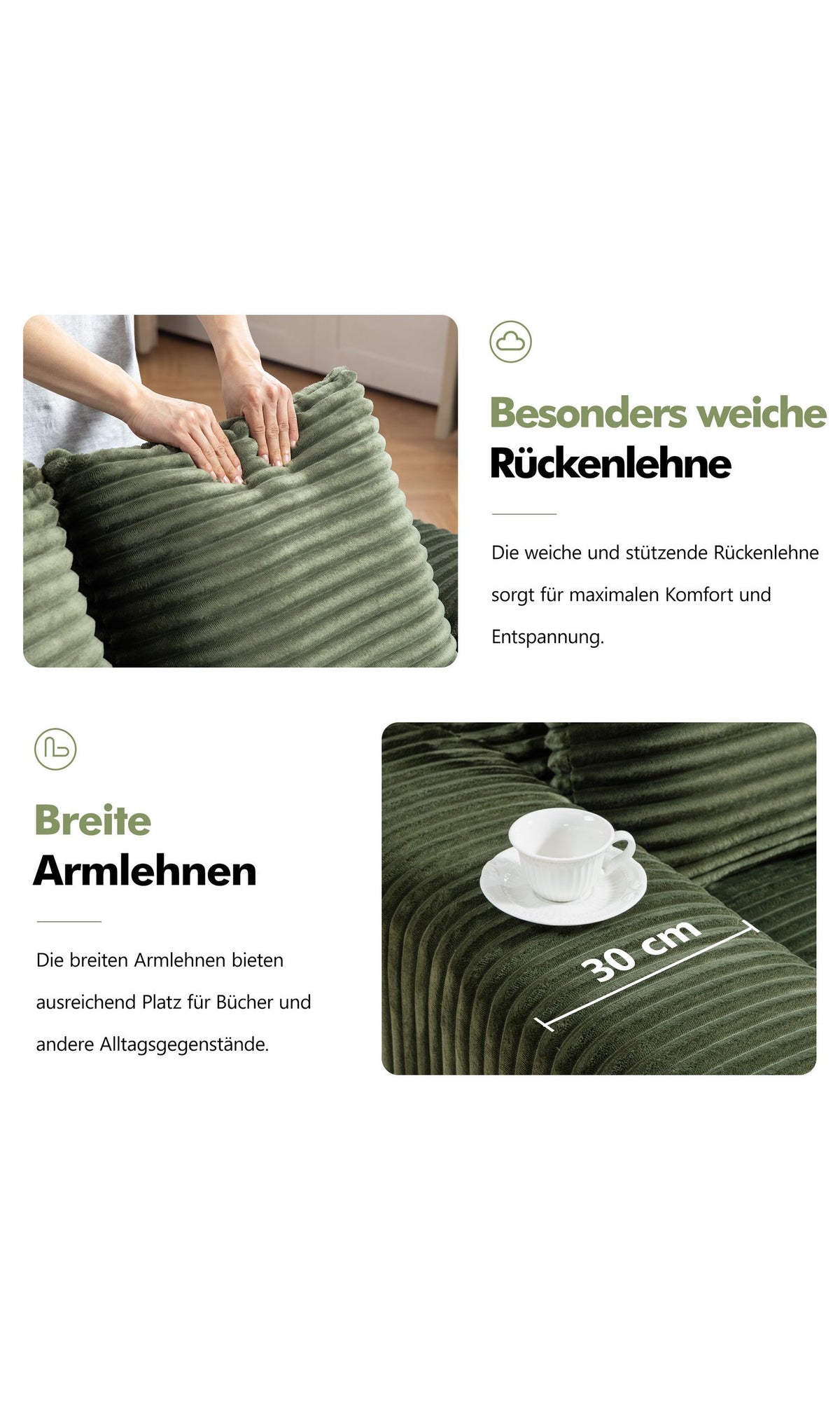 Modulares Cord Sofa Grün mit breiten Armlehnen