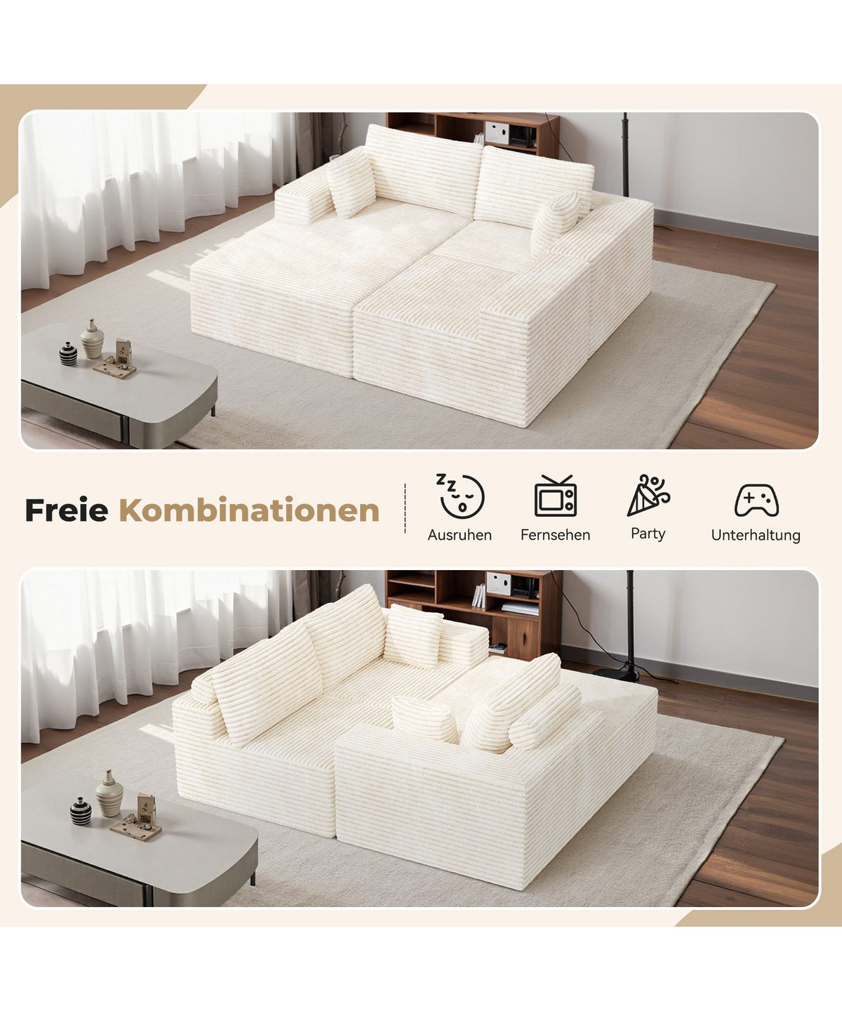 Einzelne Module des Cord Ecksofas nebeneinander