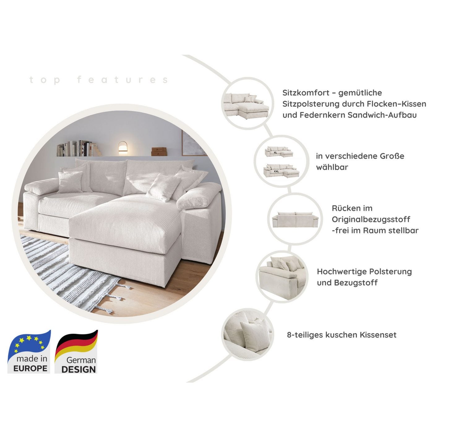 Cord Ecksofa Soft und Cosy XL Nahaufnahme des Cordbezugs