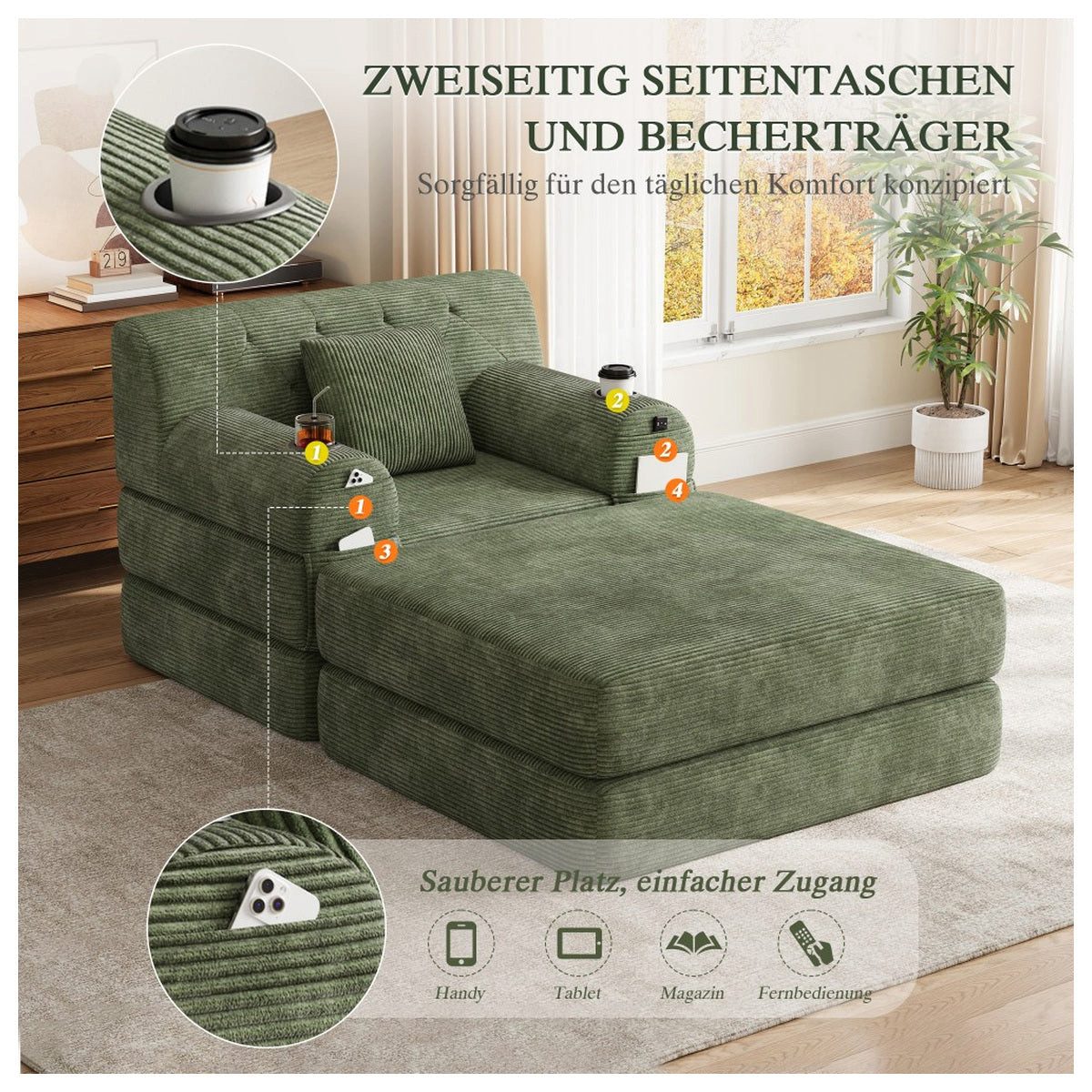 Cord Sofa in Grün von der Seite