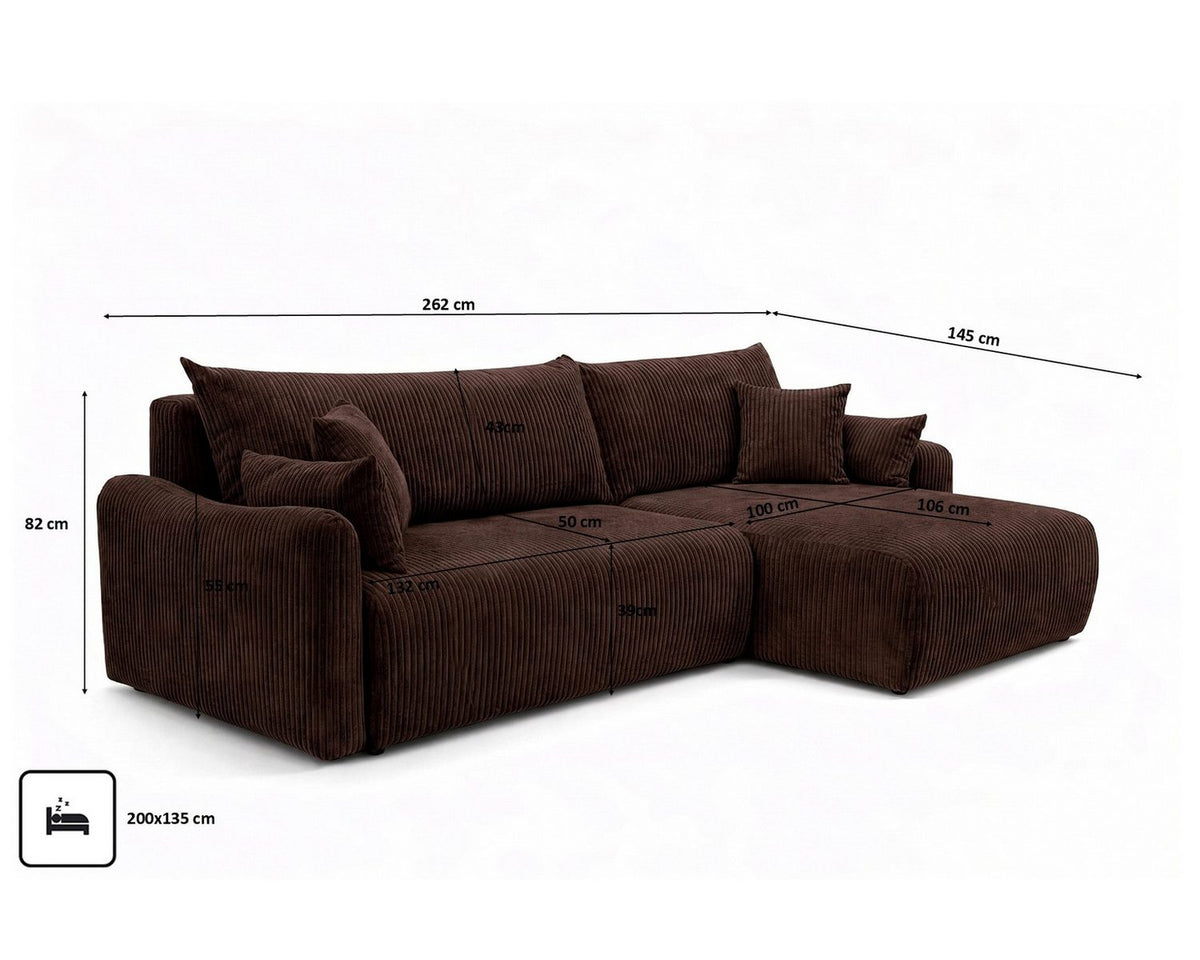 Cord Ecksofa JAPANDI mit ausgeklappter Liegefläche