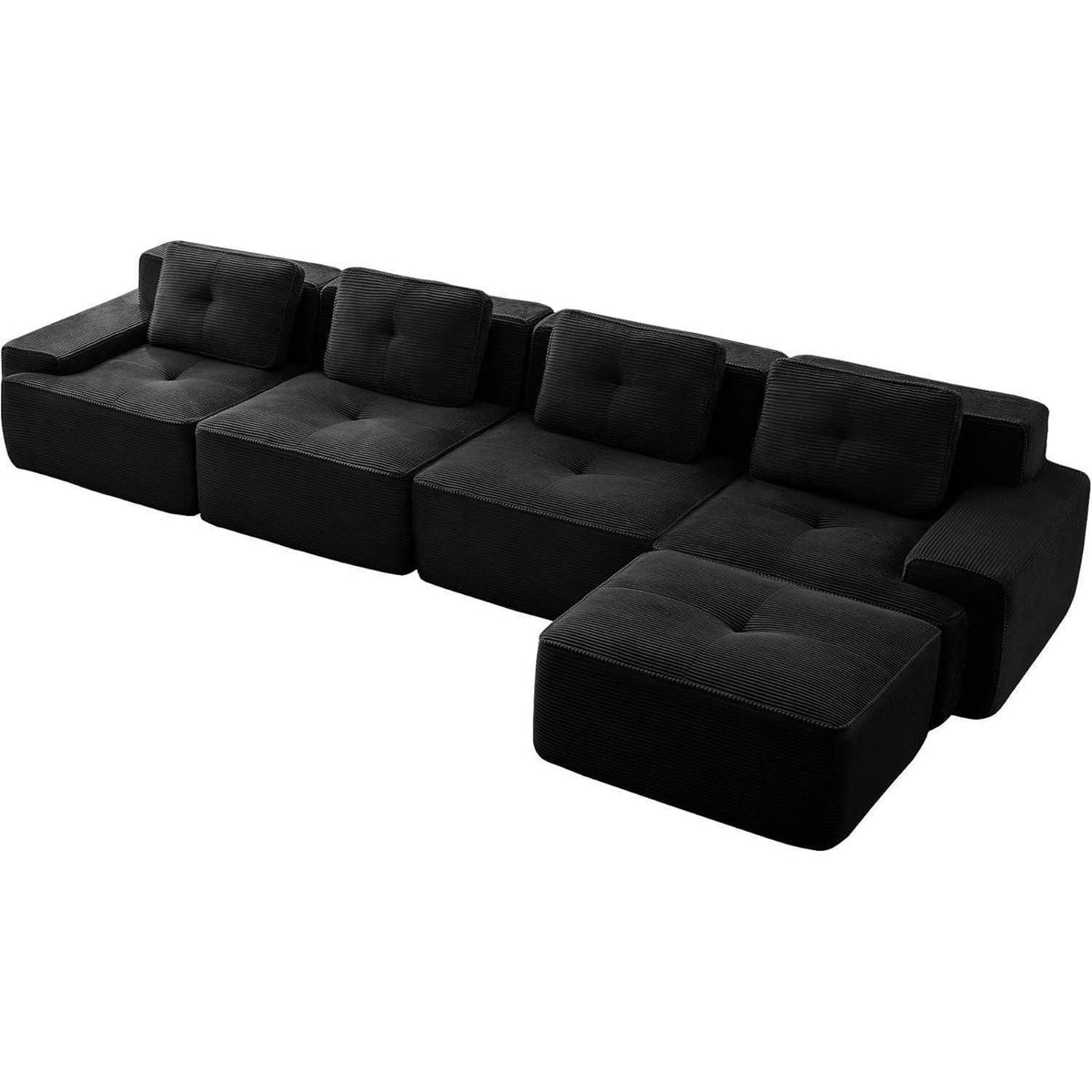 Schwarzes Cord Ecksofa mit tiefer Sitzfläche von 74 cm