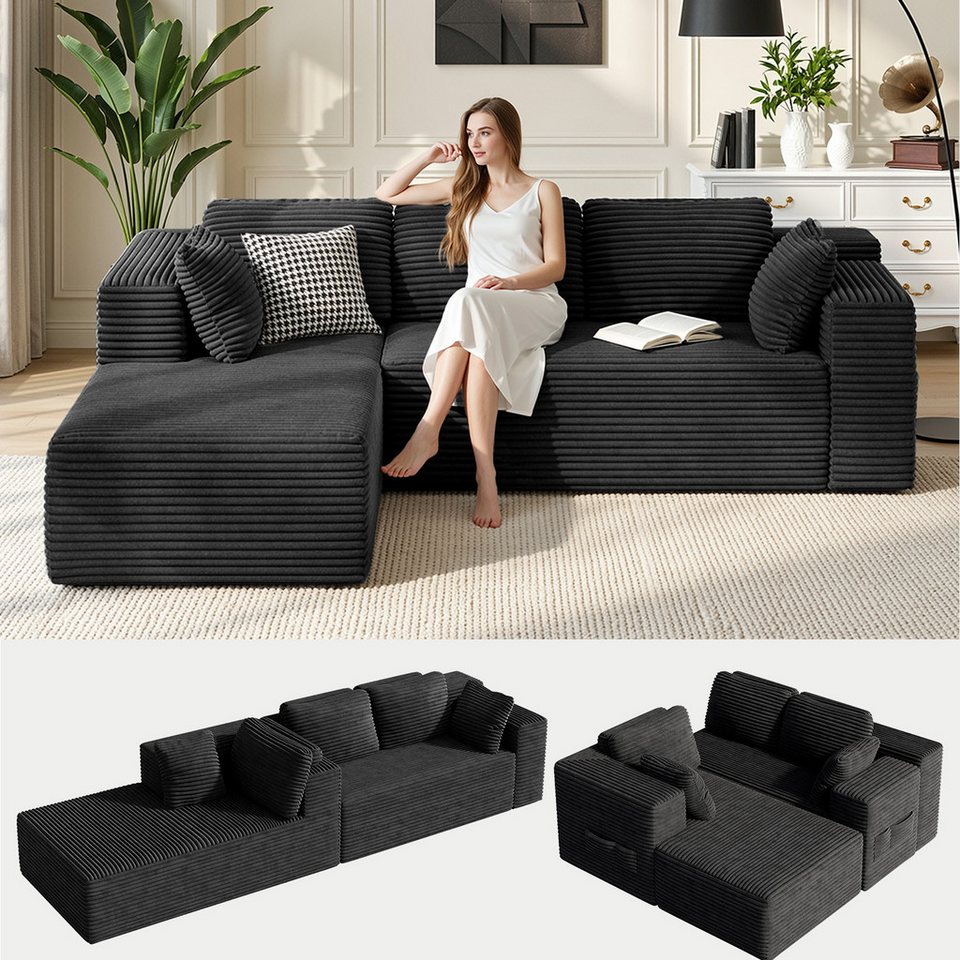 Modulares Cord Ecksofa in Schwarz mit Chaiselongue