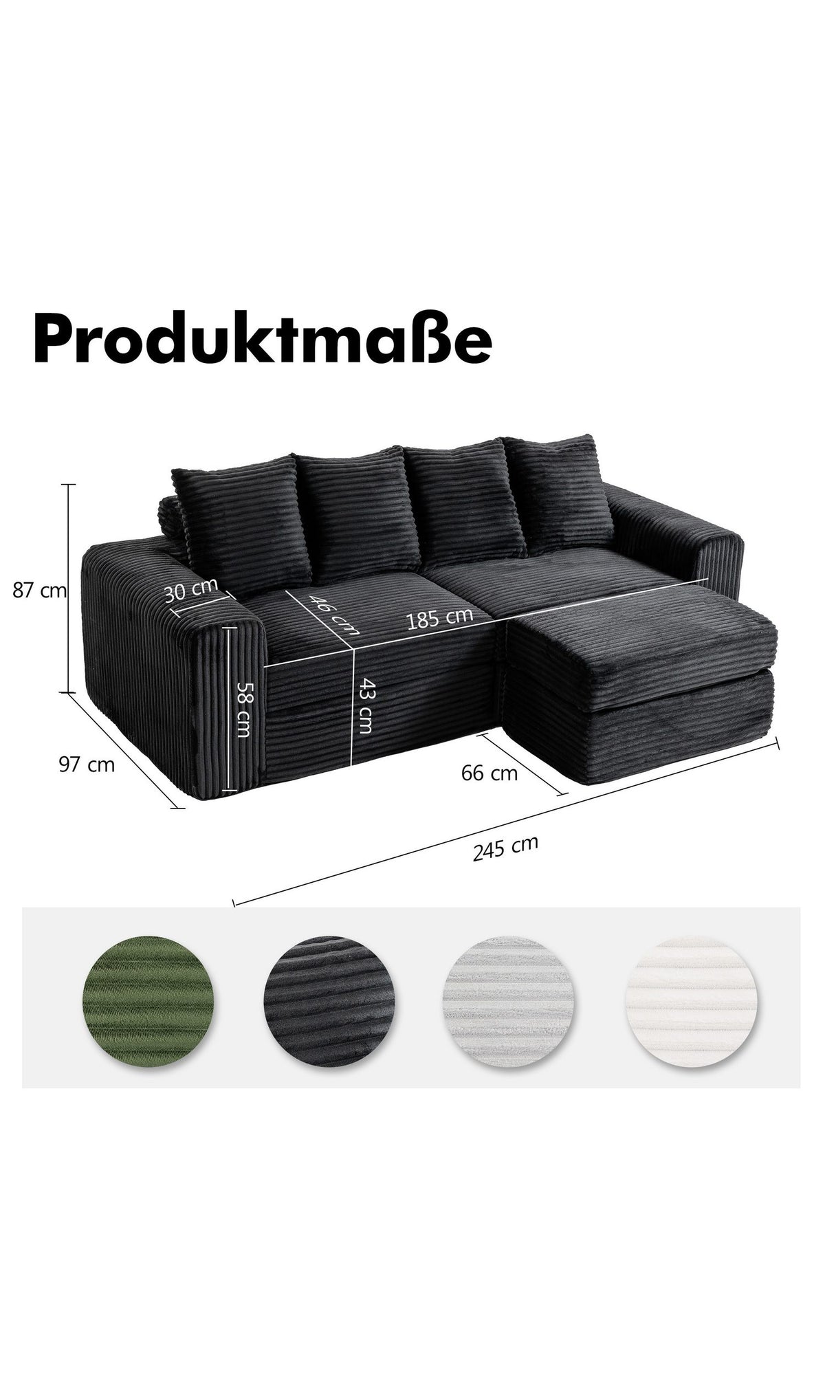 Schwarzes Cord Ecksofa mit Fußhocker im Wohnzimmer