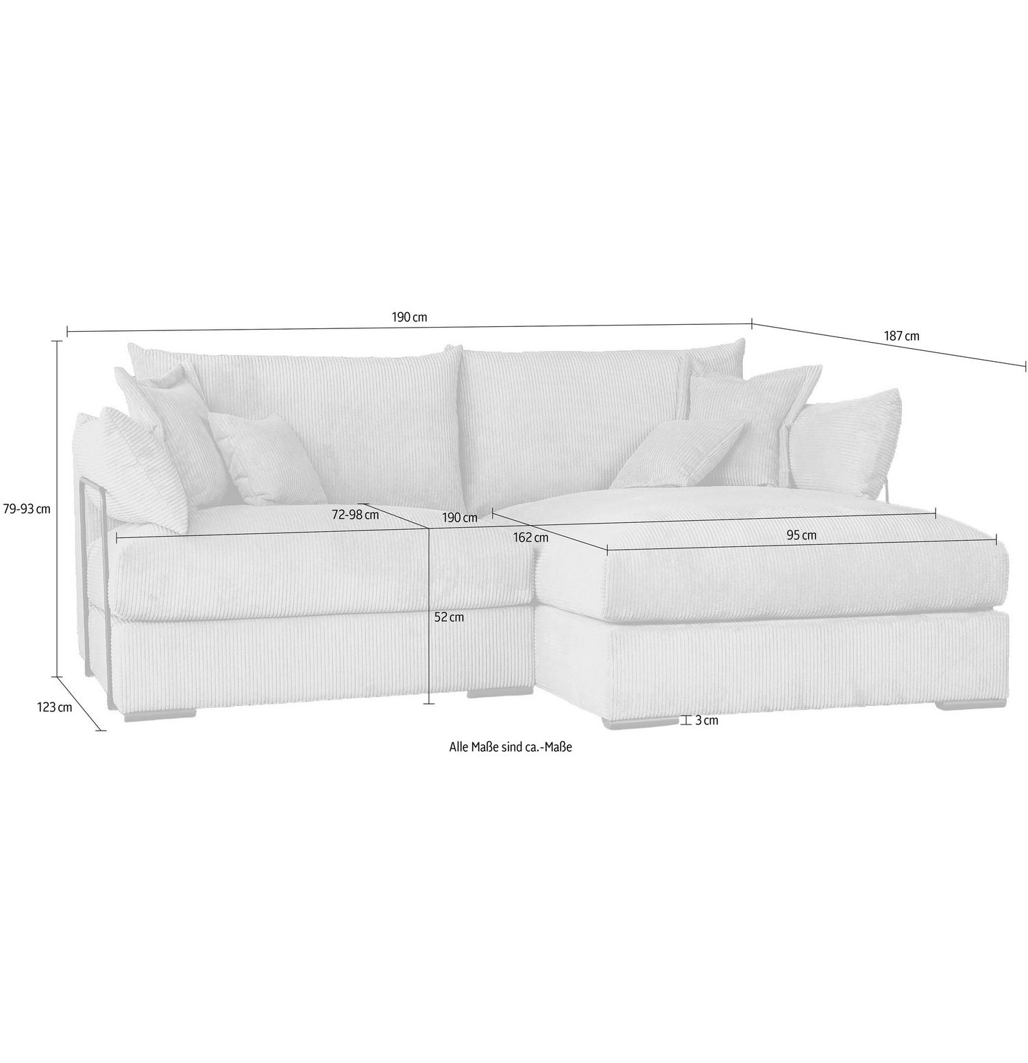 Metallfüße und Zierkissen des Cord Ecksofas CASA XL