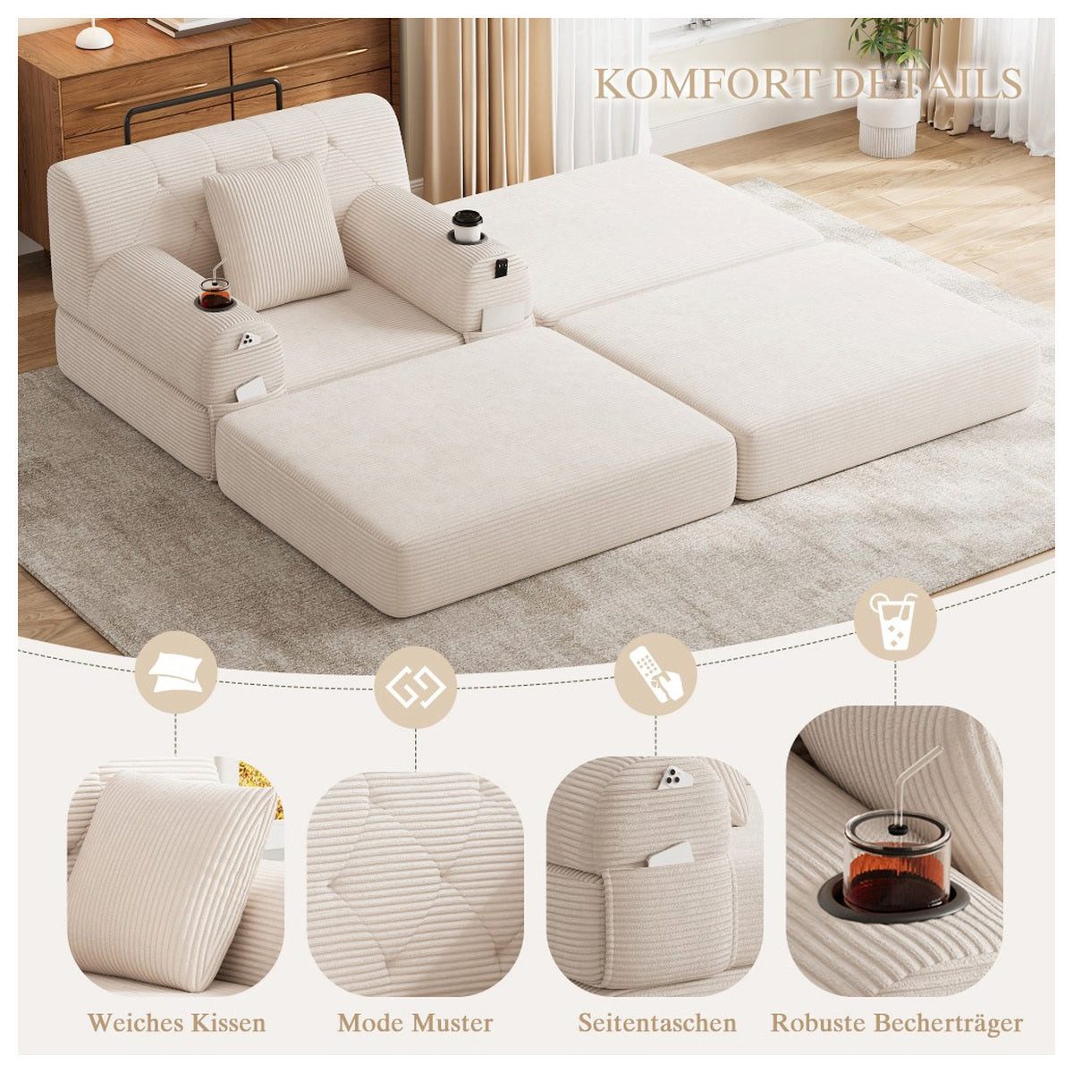 Cord Sofa Beige im Wohnraum aufgestellt
