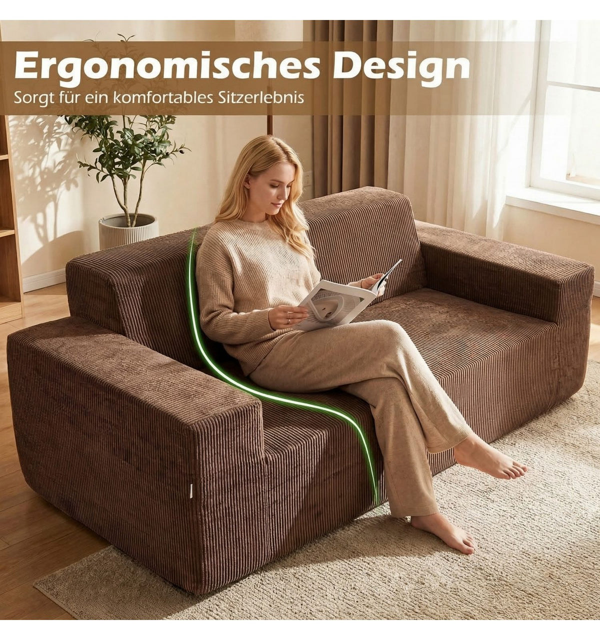 Niedrige Bauweise des Cord Bodensofas von der Seite