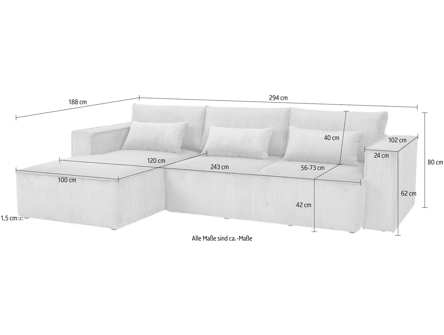 Cord Ecksofa TILLIAN mit Recamiere links im Wohnzimmer