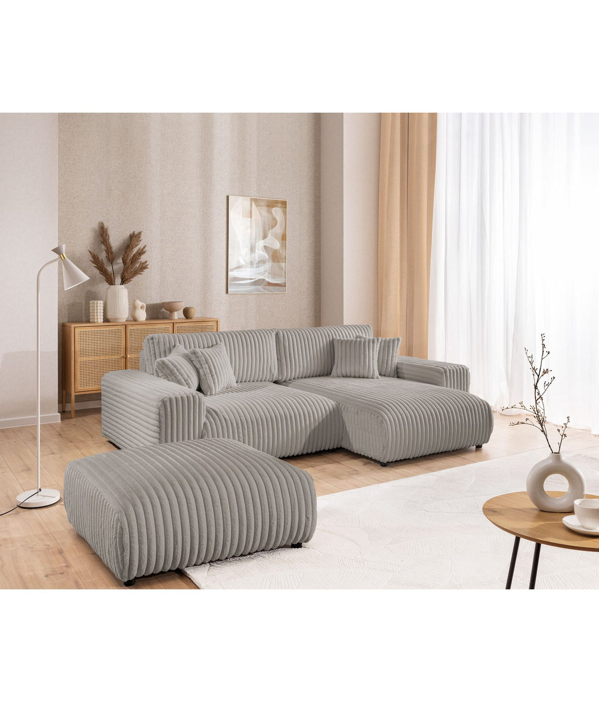 Ausgeklappte Liegefläche des Cord Ecksofas MOLLIS