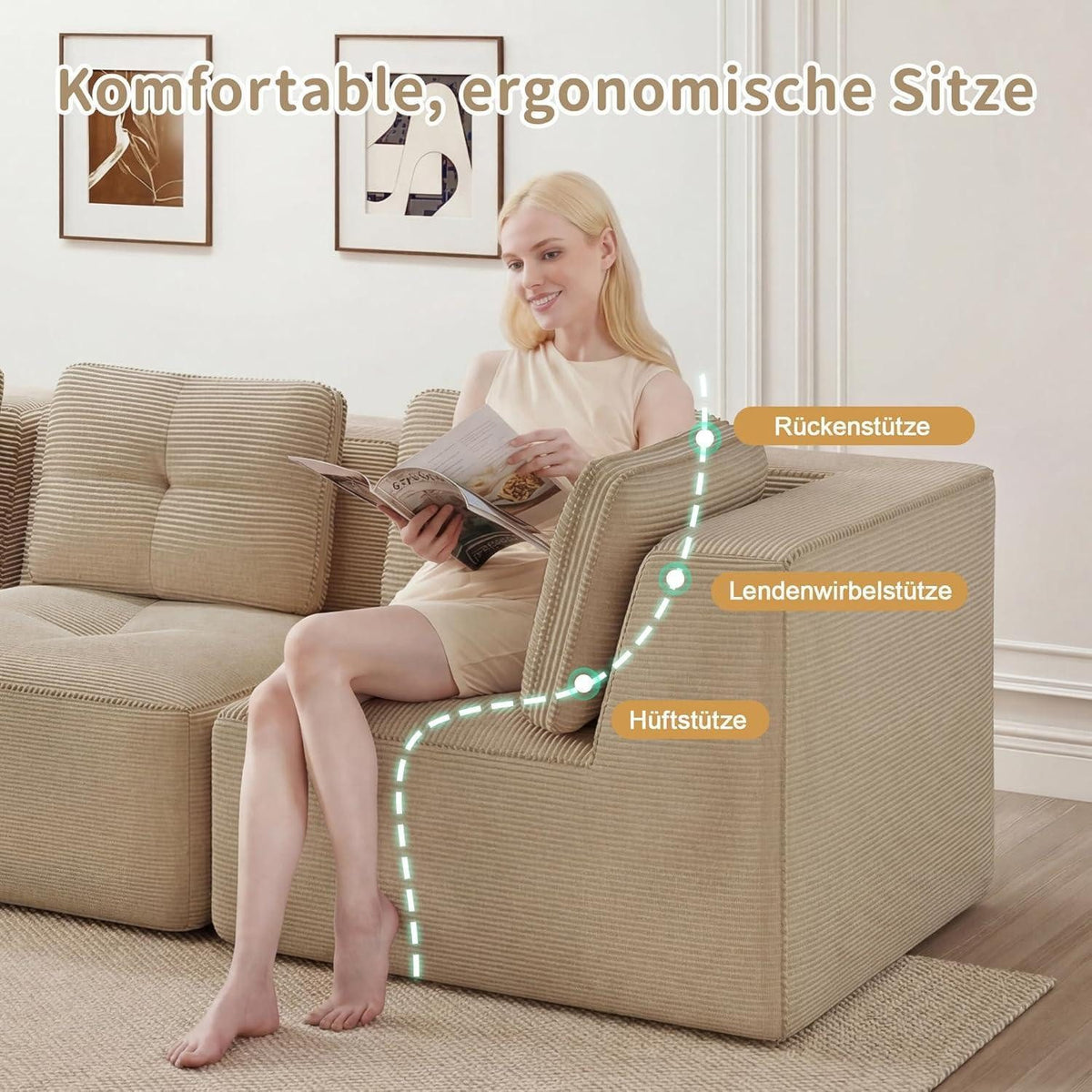 Ottoman-Modul des beigen Cord Ecksofas als Hocker
