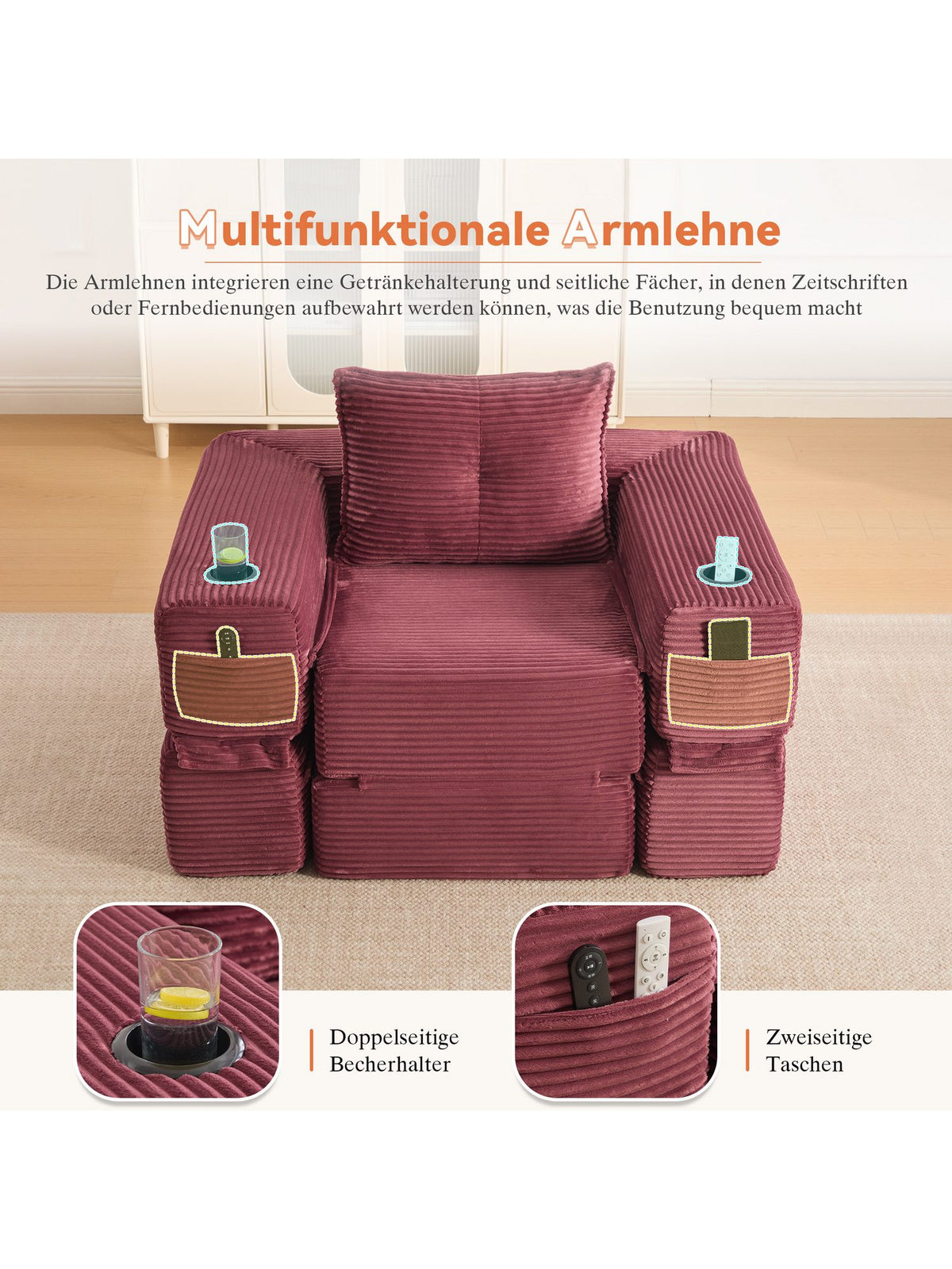 Cord Klappsofa CELYA Seitentasche und Getränkehalter im Detail