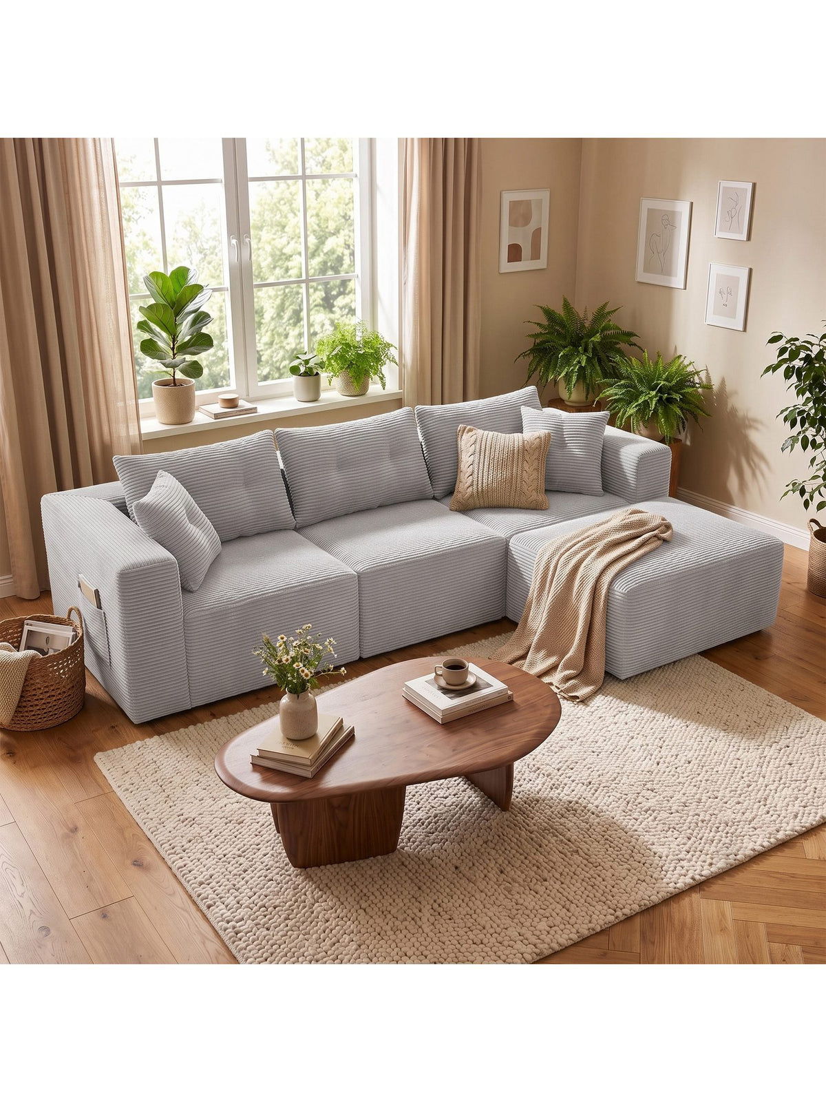 Modulares Cord Ecksofa 254 cm in Grau von vorne