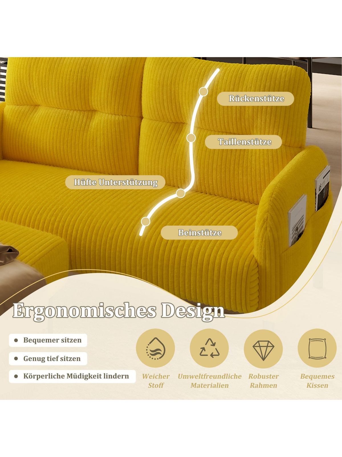 Integrierte Seitentasche am Cord Sofa