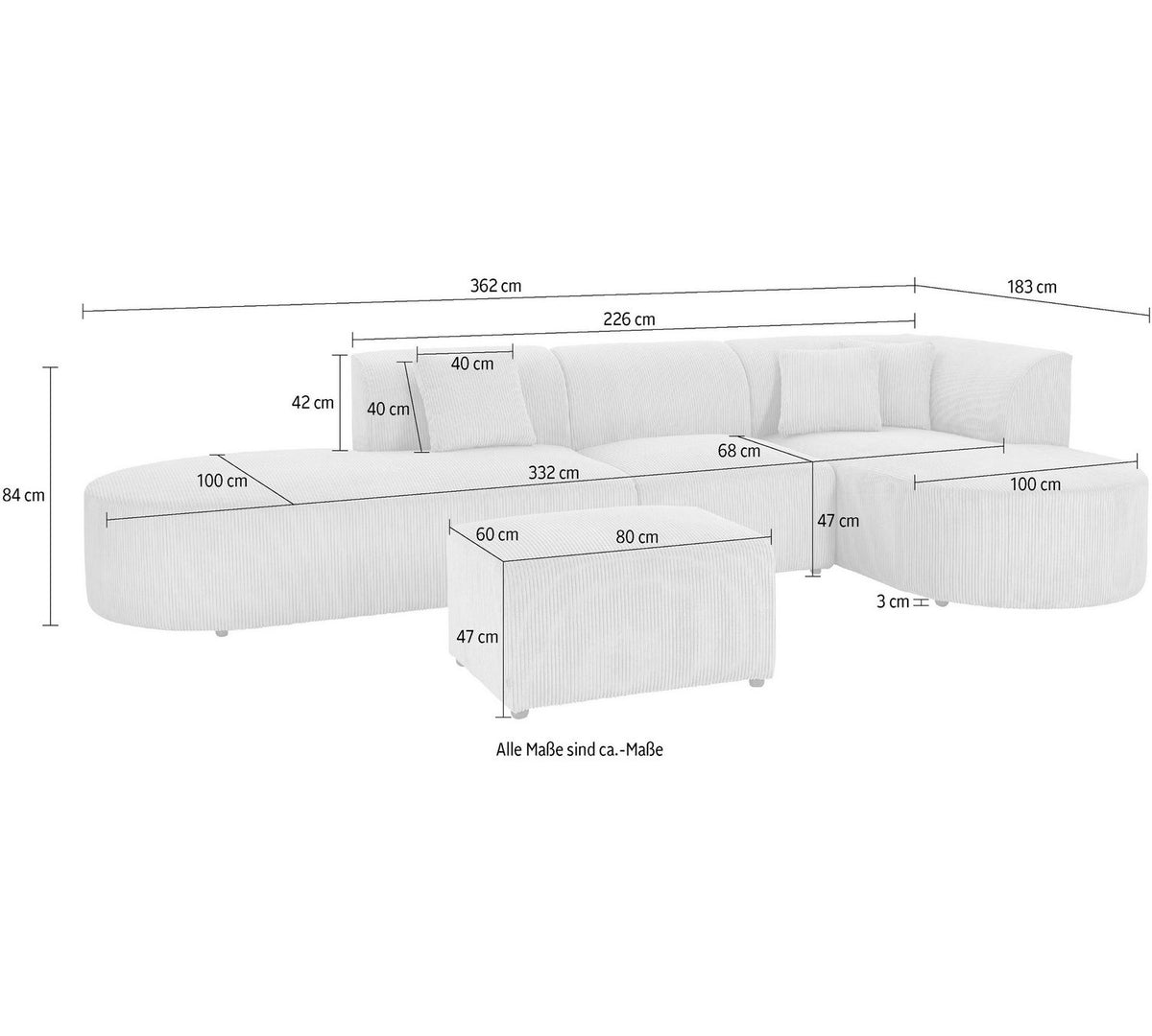 Rundfüße und Bodenfreiheit des Ecksofas Alesund