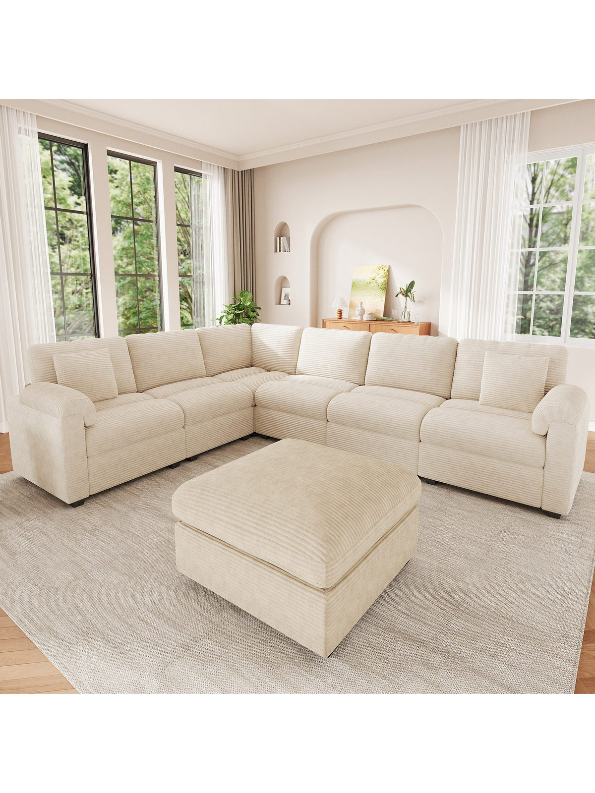 Beige Cord Wohnlandschaft als L-Form aufgestellt
