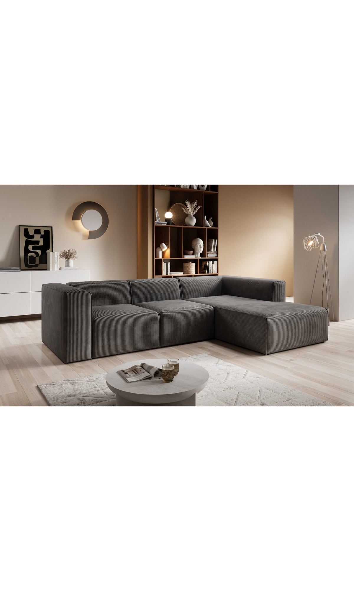 Cord Ecksofa FUEGO in Dunkelgrau im Wohnzimmer