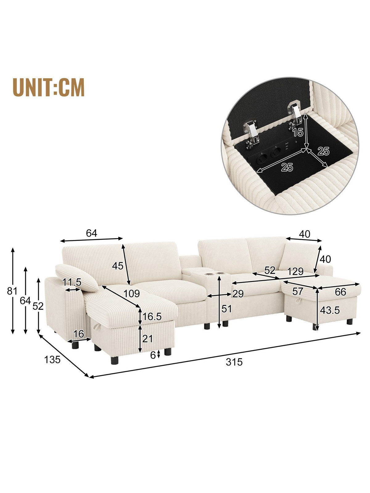 Steckdosen und USB Anschluesse am beigen Cord Sofa