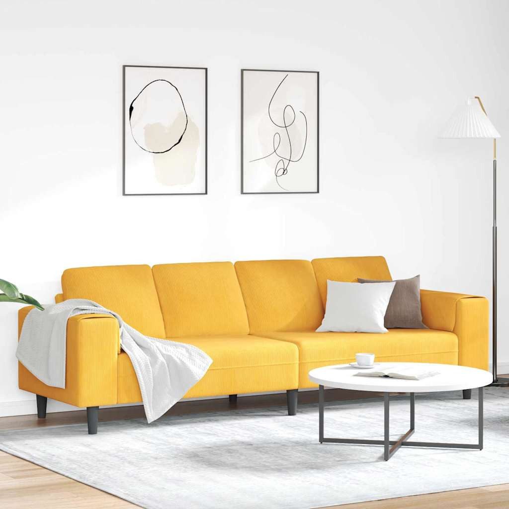 Hellgelbes Cord Sofa von vorne