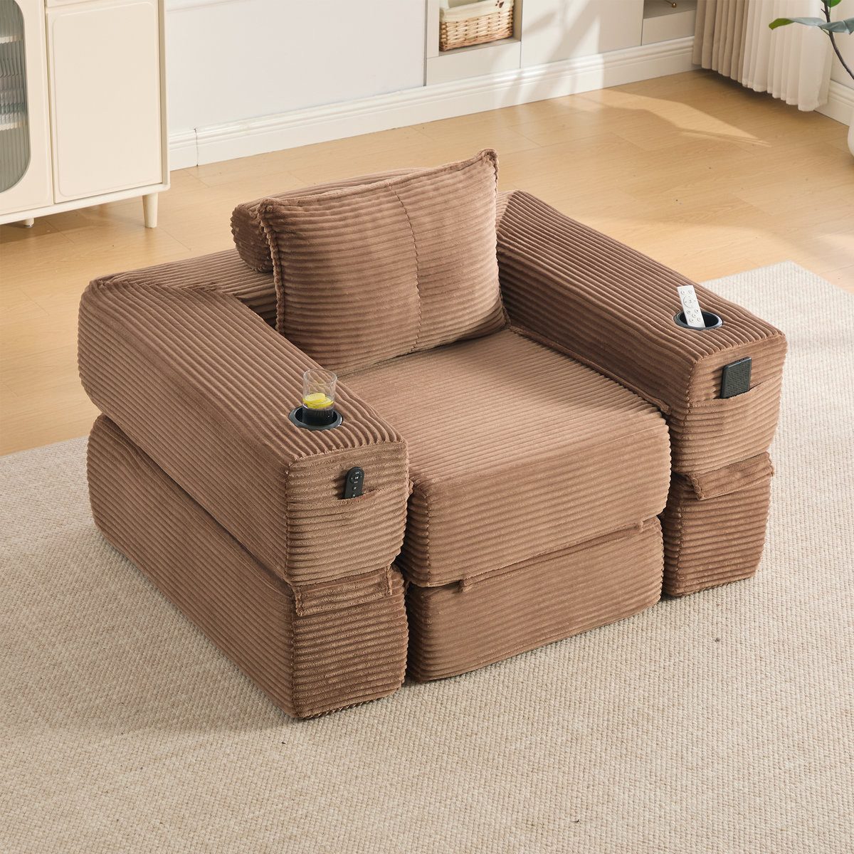 Cord Klappsofa in Khaki von der Seite
