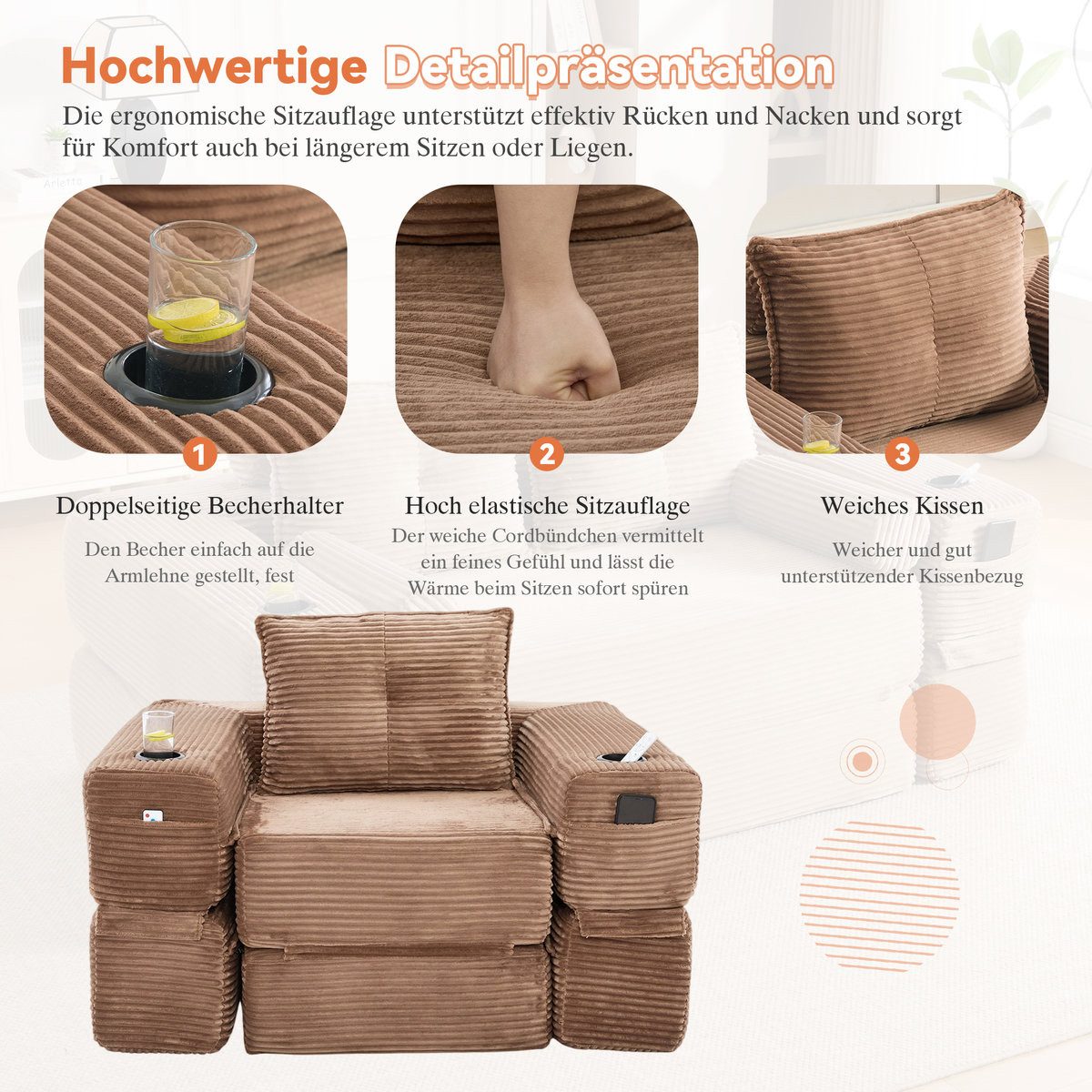 Getränkehalter und Seitentasche des Cord Klappsofas
