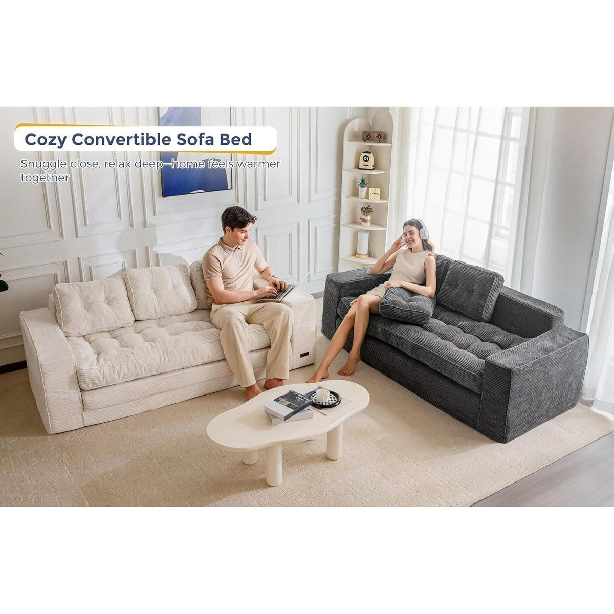 Klappbares Cord Bodensofa in Off-white von vorne