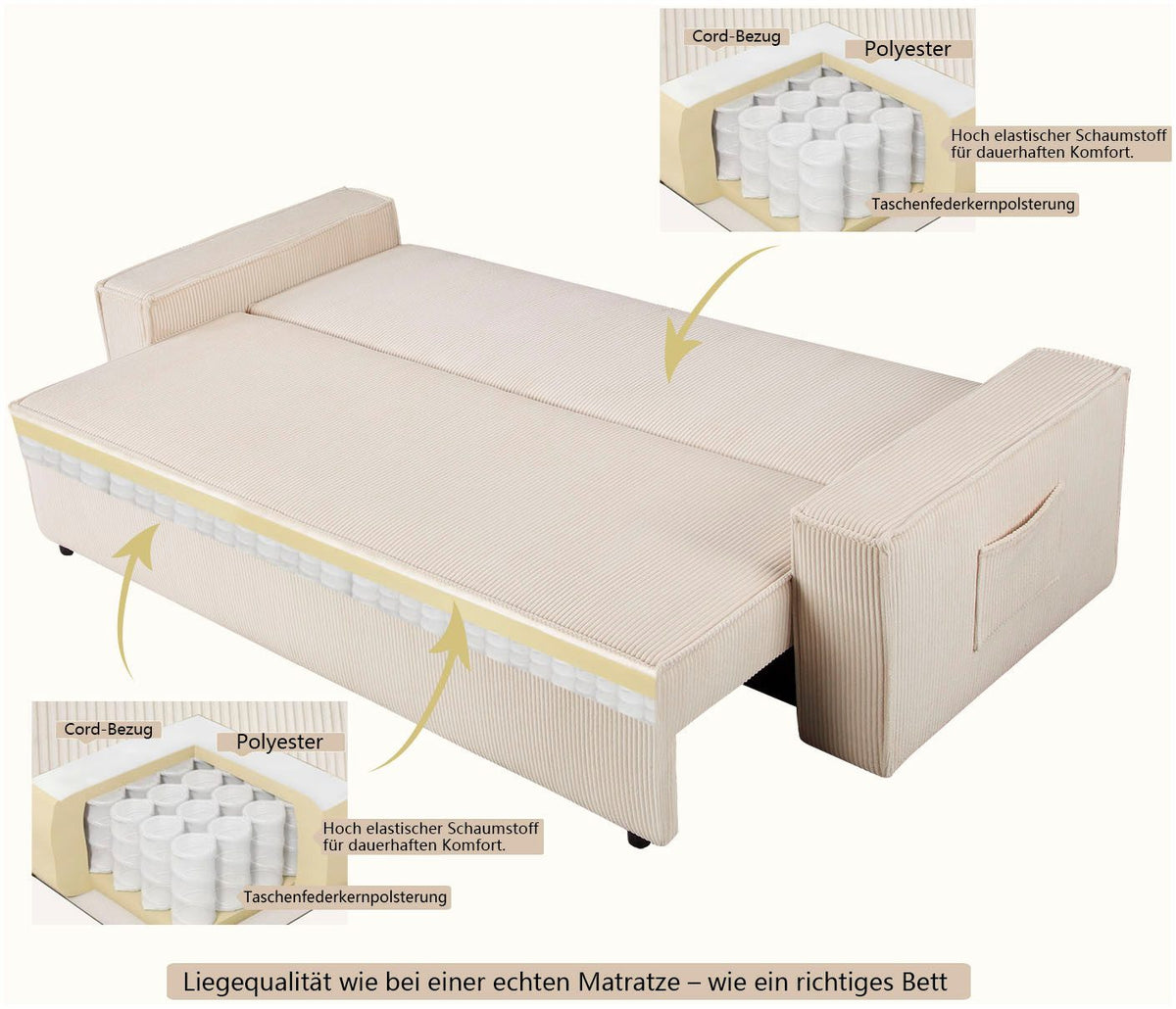 Cord Schlafsofa CASSI in Creme im Wohnraum