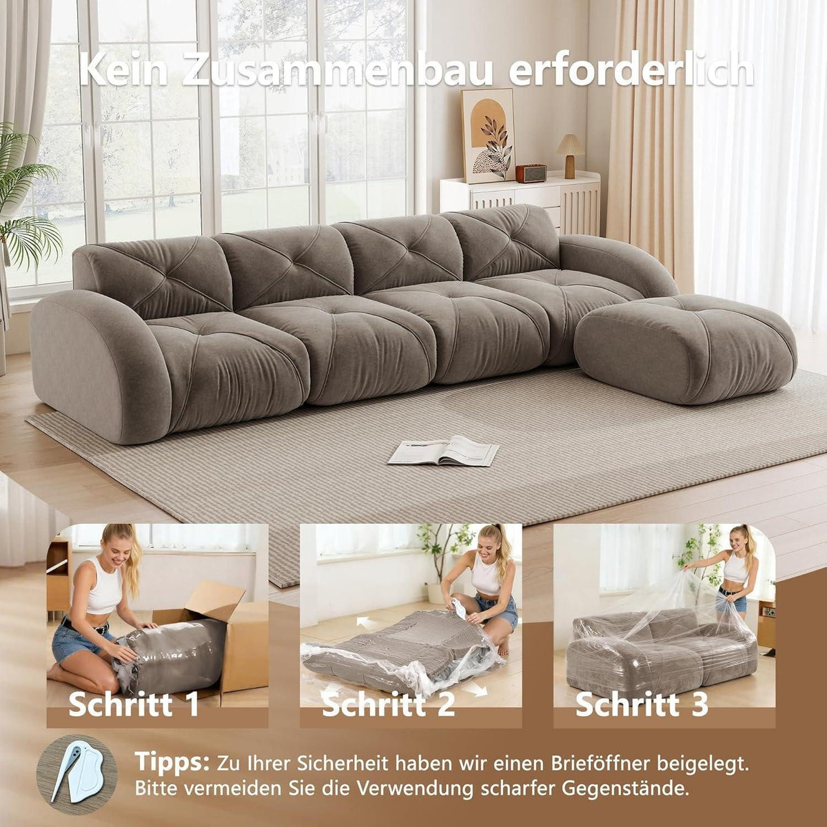 Cord Sofa in Braun in L-Form von vorne